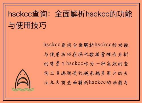 hsckcc查询：全面解析hsckcc的功能与使用技巧